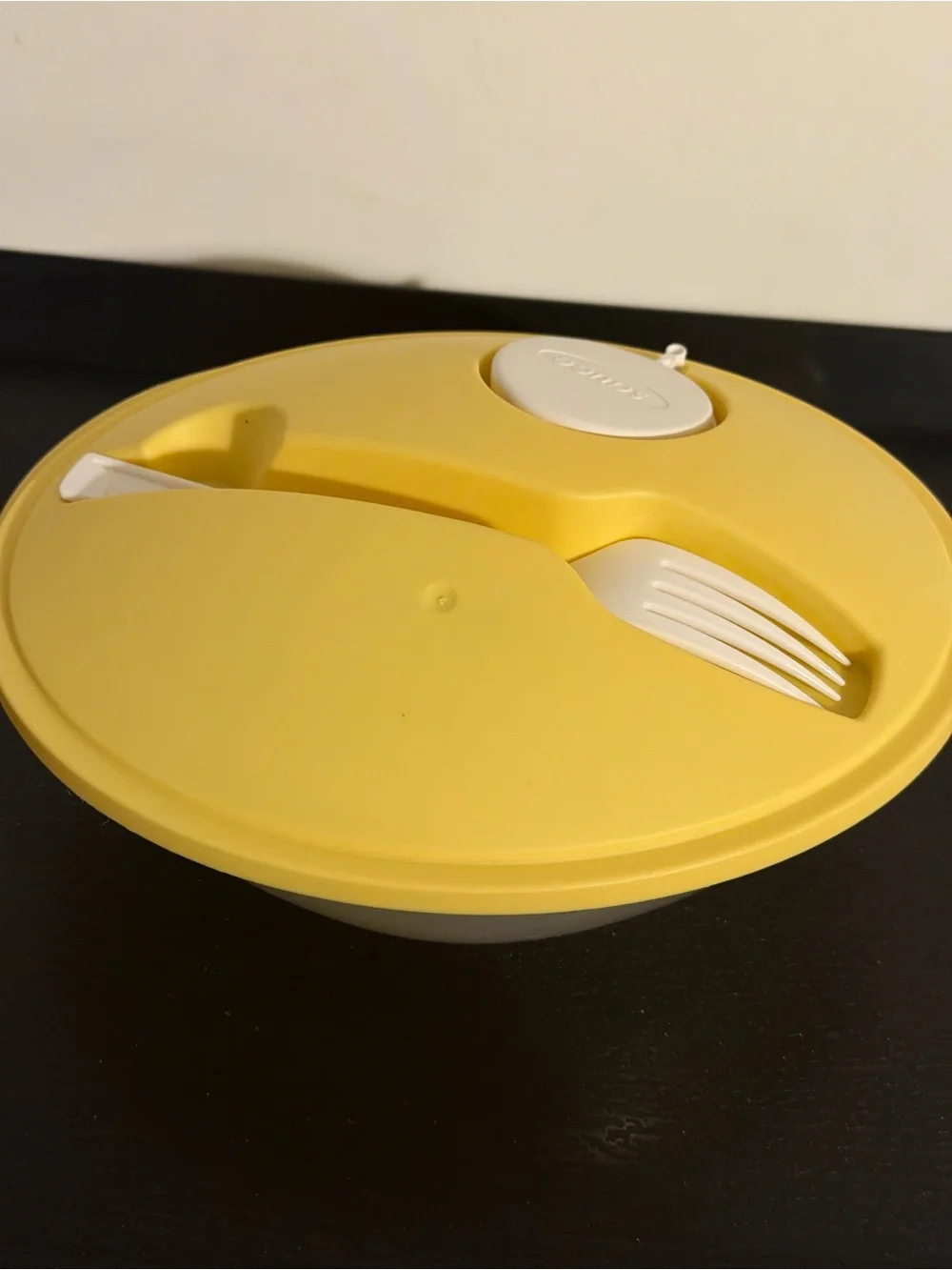 Yellow Lidded Salad Bowl with Dressing Cup and Fork